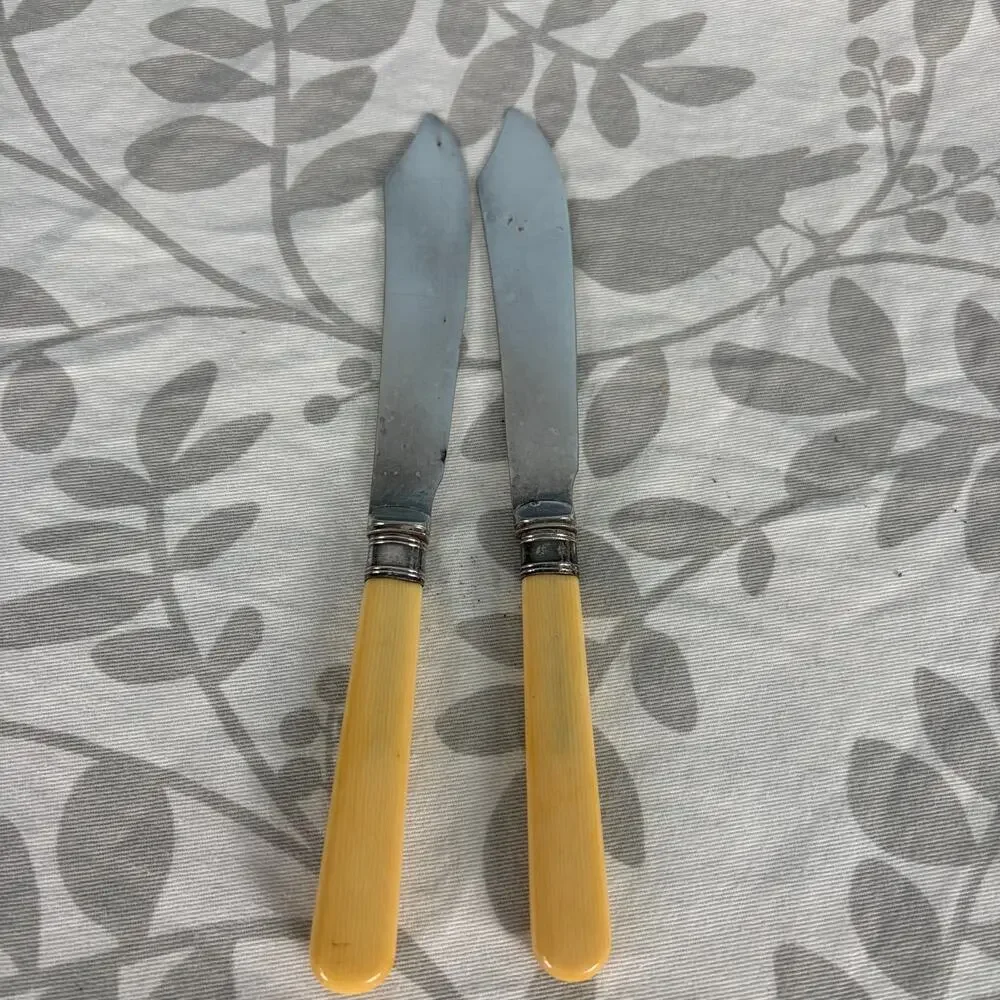 Vintage EPNS Luncheon Cheese Knives Set 2 Faux Bone Cream Handles